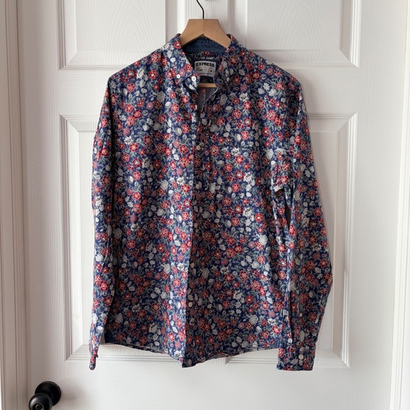 Express Other - Express Slim Soft Wash Mens Medium Blue Red Floral Long Sleeve Button Down Shirt